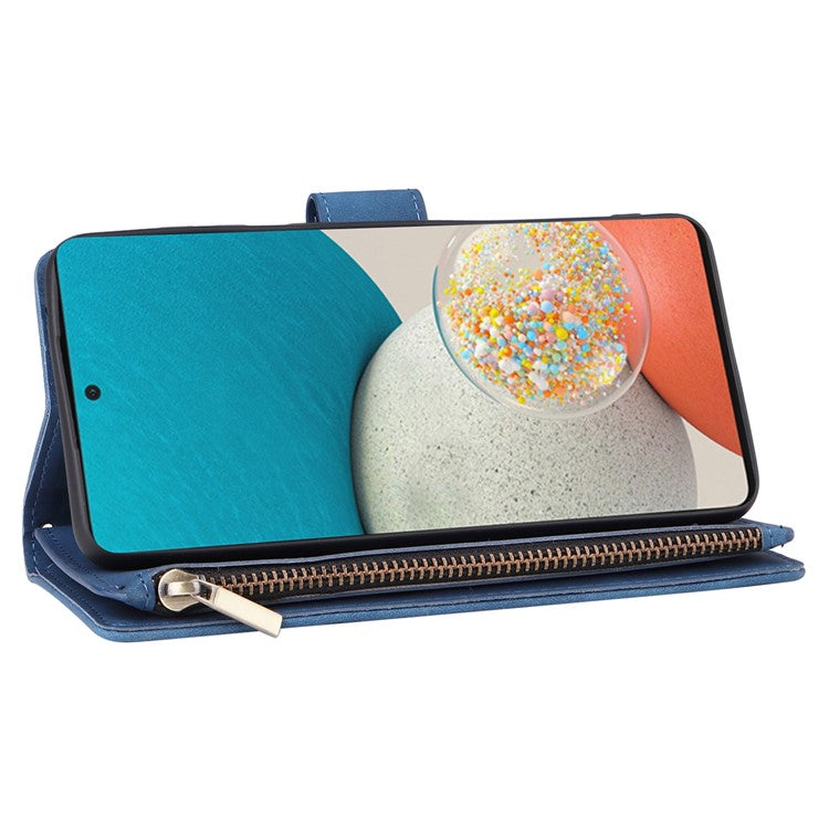For Samsung Galaxy A53 5G Multiple Card Slots Drop-proof Case Leather Wallet Stand Folio Flip Phone Cover with Zipper Pocket - Blue