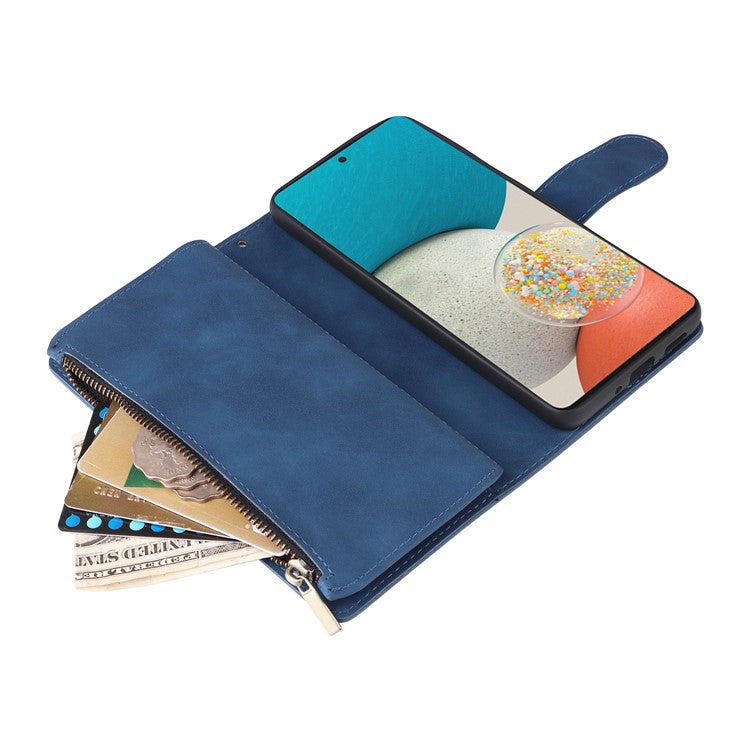 For Samsung Galaxy A53 5G Multiple Card Slots Drop-proof Case Leather Wallet Stand Folio Flip Phone Cover with Zipper Pocket - Blue