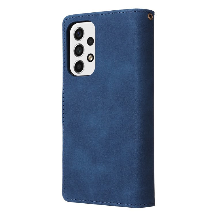 For Samsung Galaxy A53 5G Multiple Card Slots Drop-proof Case Leather Wallet Stand Folio Flip Phone Cover with Zipper Pocket - Blue