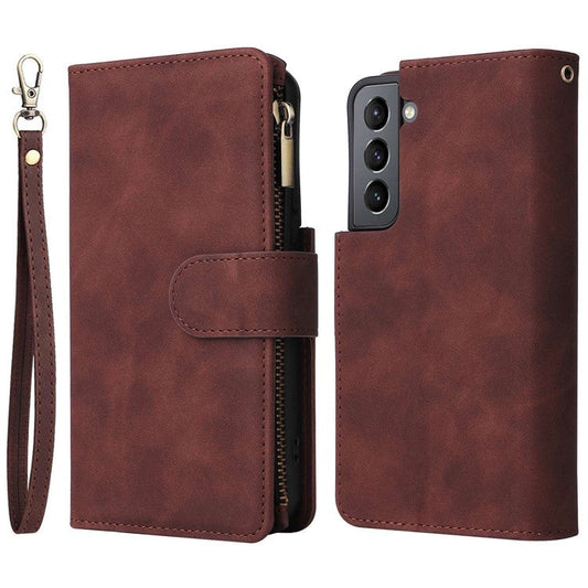 Multiple Card Slots Leather Case for Samsung Galaxy S22+ 5G, Anti-drop Wallet Stand Phone Cover with Zipper Pocket - Coffee