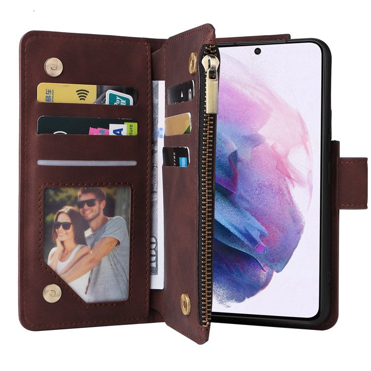 Multiple Card Slots Leather Case for Samsung Galaxy S22+ 5G, Anti-drop Wallet Stand Phone Cover with Zipper Pocket - Coffee