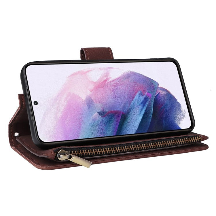 Multiple Card Slots Leather Case for Samsung Galaxy S22+ 5G, Anti-drop Wallet Stand Phone Cover with Zipper Pocket - Coffee