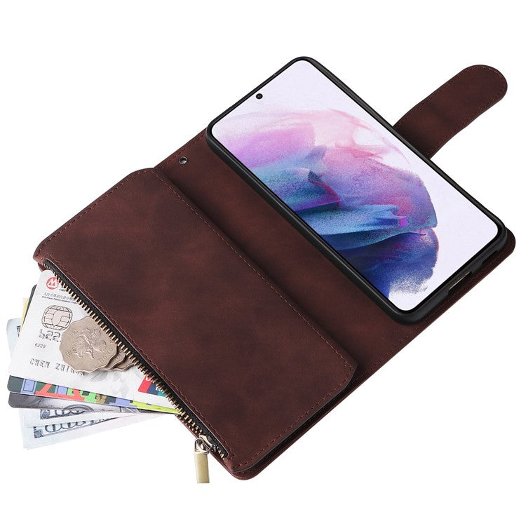 Multiple Card Slots Leather Case for Samsung Galaxy S22+ 5G, Anti-drop Wallet Stand Phone Cover with Zipper Pocket - Coffee