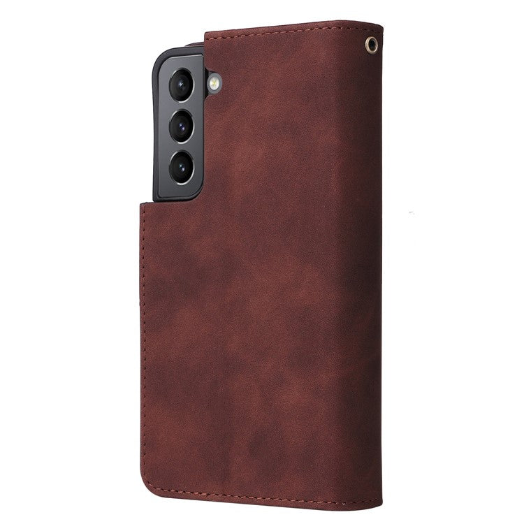 Multiple Card Slots Leather Case for Samsung Galaxy S22+ 5G, Anti-drop Wallet Stand Phone Cover with Zipper Pocket - Coffee