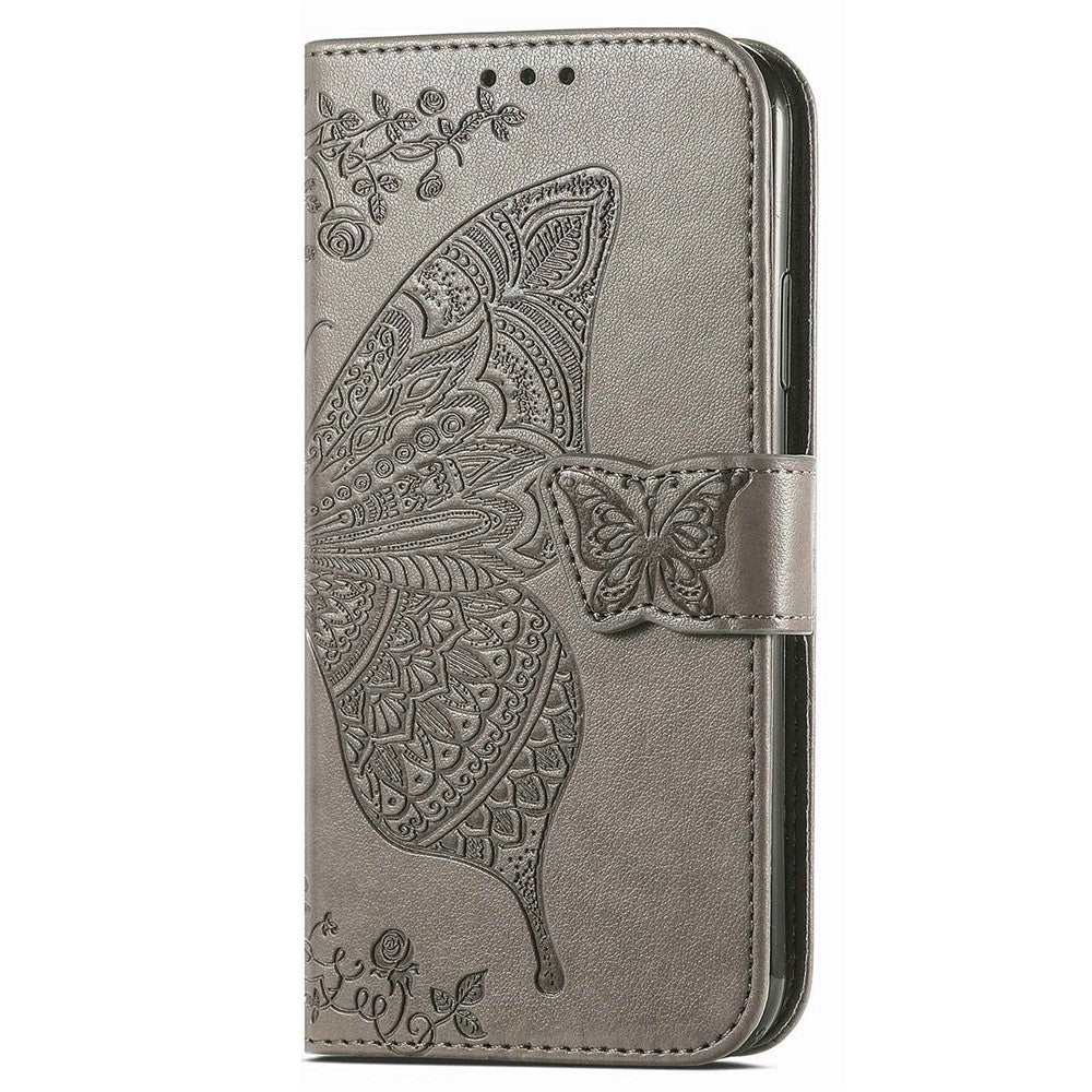 For Samsung Galaxy M13 4G PU Leather Stand Wallet Case Collision Proof Imprinted Butterfly Pattern Cell Phone Cover - Grey