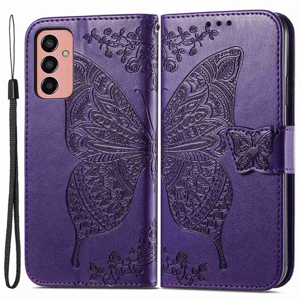 For Samsung Galaxy M13 4G PU Leather Stand Wallet Case Collision Proof Imprinted Butterfly Pattern Cell Phone Cover - Purple