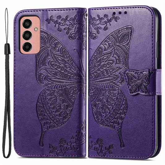 For Samsung Galaxy M13 4G PU Leather Stand Wallet Case Collision Proof Imprinted Butterfly Pattern Cell Phone Cover - Purple