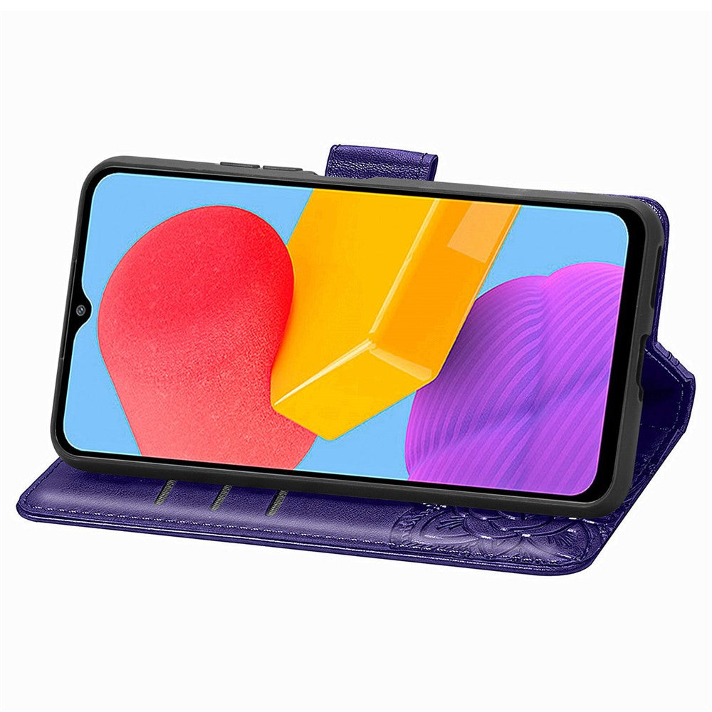 For Samsung Galaxy M13 4G PU Leather Stand Wallet Case Collision Proof Imprinted Butterfly Pattern Cell Phone Cover - Purple