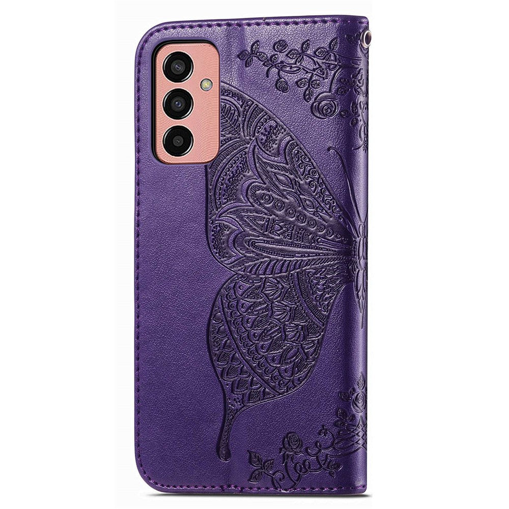For Samsung Galaxy M13 4G PU Leather Stand Wallet Case Collision Proof Imprinted Butterfly Pattern Cell Phone Cover - Purple