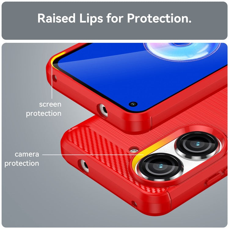For Asus Zenfone 9 5G Durable TPU Cell Phone Case Carbon Fiber Texture Brushed Surface Wear-resistant Cover - Red