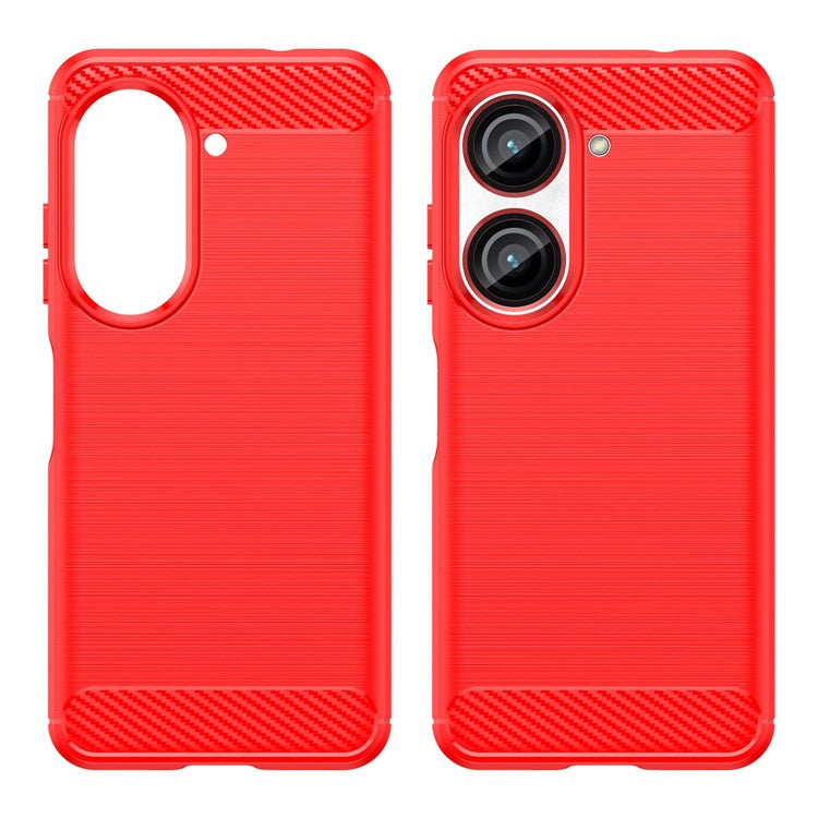 For Asus Zenfone 9 5G Durable TPU Cell Phone Case Carbon Fiber Texture Brushed Surface Wear-resistant Cover - Red
