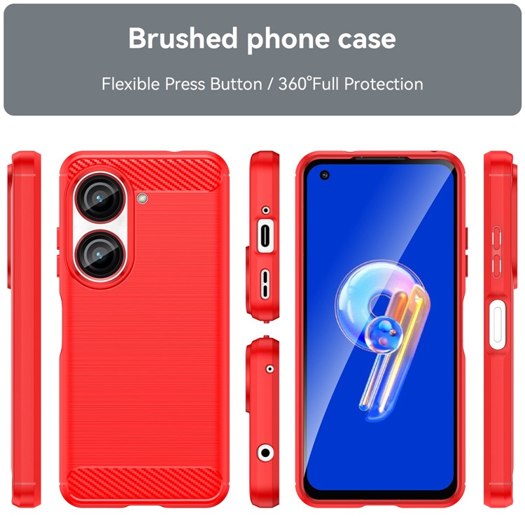 For Asus Zenfone 9 5G Durable TPU Cell Phone Case Carbon Fiber Texture Brushed Surface Wear-resistant Cover - Red