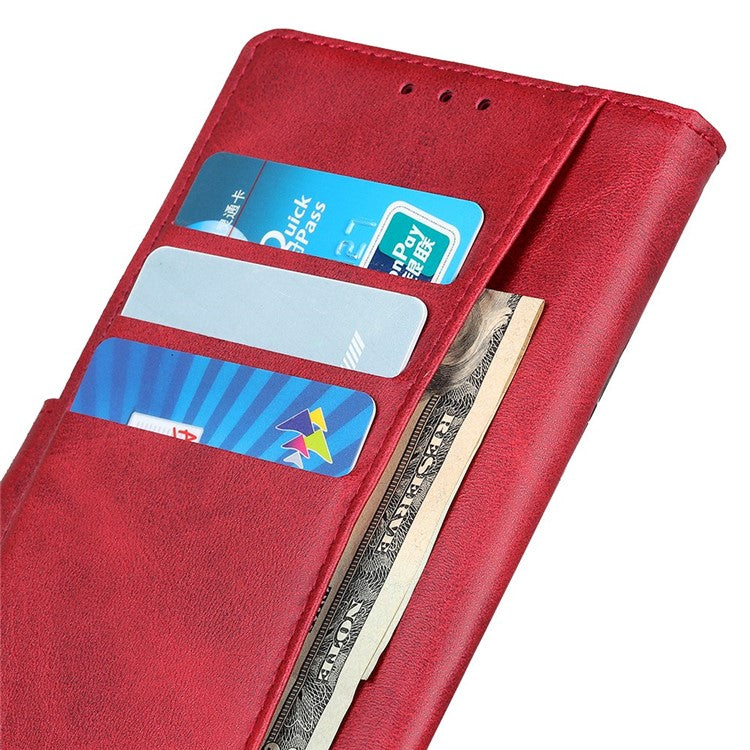 For OnePlus 10T 5G / Ace Pro 5G Magnetic PU Leather Flip Folio Cover Cowhide Textured Wallet Style Folding Stand Cover - Red