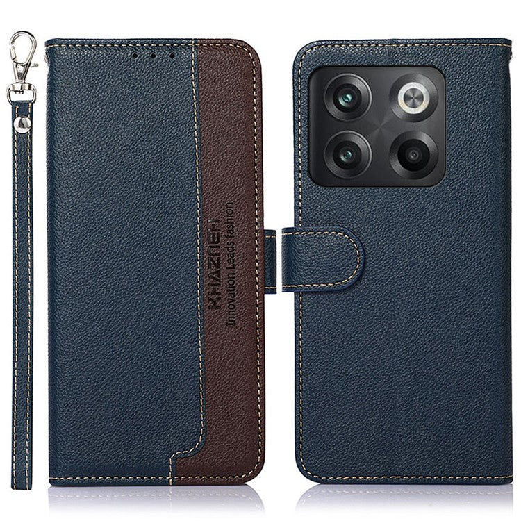 KHAZNEH For OnePlus 10T 5G / Ace Pro 5G Flip Folio Wallet RFID Blocking Case Litchi Texture PU Leather Magnetic Handbag Stand Cover with Strap - Blue