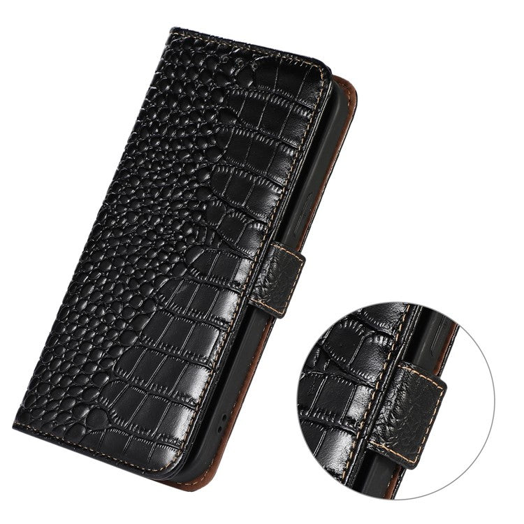 For OnePlus 10T 5G / Ace Pro 5G Anti-fall Crocodile Texture Case RFID Blocking Genuine Cowhide Leather Well-protected Wallet Phone Cover - Black
