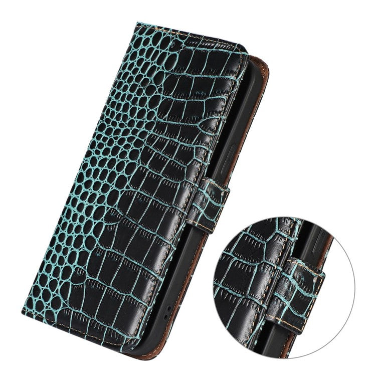 For OnePlus 10T 5G / Ace Pro 5G Anti-fall Crocodile Texture Case RFID Blocking Genuine Cowhide Leather Well-protected Wallet Phone Cover - Green