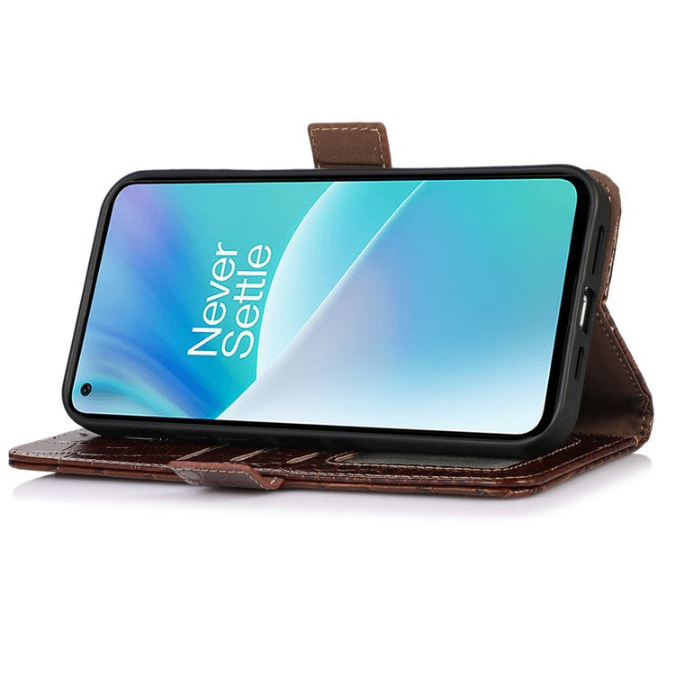 For OnePlus 10T 5G / Ace Pro 5G Anti-fall Crocodile Texture Case RFID Blocking Genuine Cowhide Leather Well-protected Wallet Phone Cover - Brown