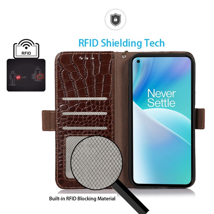 For OnePlus 10T 5G / Ace Pro 5G Anti-fall Crocodile Texture Case RFID Blocking Genuine Cowhide Leather Well-protected Wallet Phone Cover - Brown