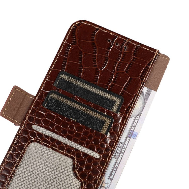 For OnePlus 10T 5G / Ace Pro 5G Anti-fall Crocodile Texture Case RFID Blocking Genuine Cowhide Leather Well-protected Wallet Phone Cover - Brown