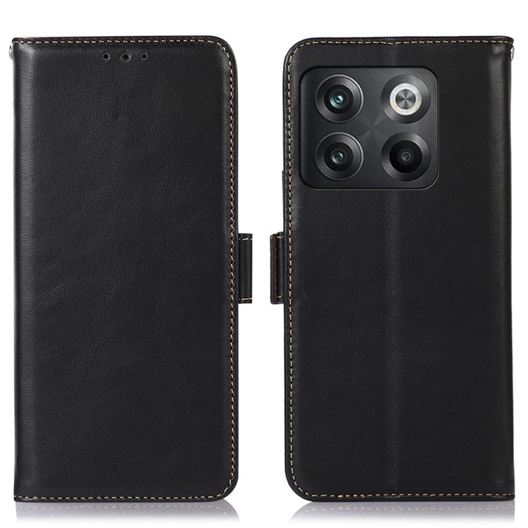 For OnePlus 10T 5G / Ace Pro 5G Crazy Horse Texture RFID Blocking Phone Case Anti-fall Genuine Cowhide Leather+TPU Shell with Wallet Stand - Black