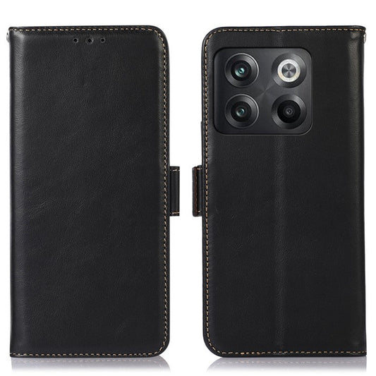 For OnePlus 10T 5G / Ace Pro 5G Crazy Horse Texture RFID Blocking Phone Case Anti-fall Genuine Cowhide Leather+TPU Shell with Wallet Stand - Black