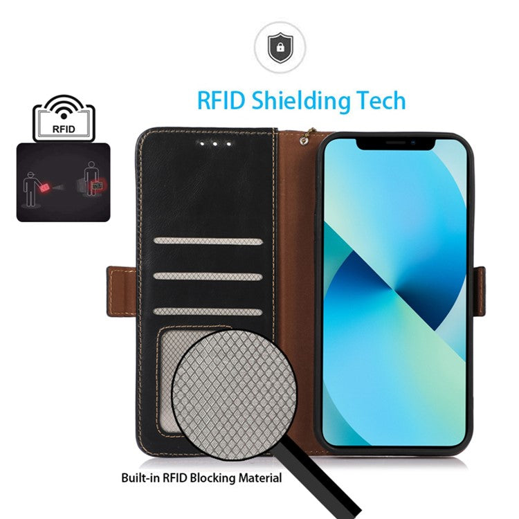 For OnePlus 10T 5G / Ace Pro 5G Crazy Horse Texture RFID Blocking Phone Case Anti-fall Genuine Cowhide Leather+TPU Shell with Wallet Stand - Black