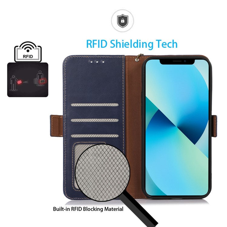 For OnePlus 10T 5G / Ace Pro 5G Crazy Horse Texture RFID Blocking Phone Case Anti-fall Genuine Cowhide Leather+TPU Shell with Wallet Stand - Blue