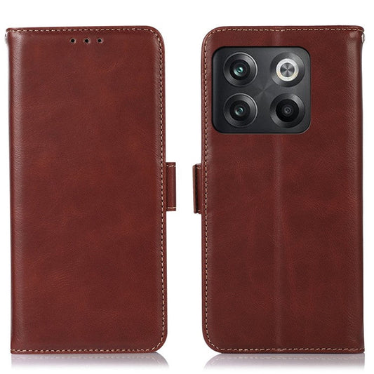 For OnePlus 10T 5G / Ace Pro 5G Crazy Horse Texture RFID Blocking Phone Case Anti-fall Genuine Cowhide Leather+TPU Shell with Wallet Stand - Brown