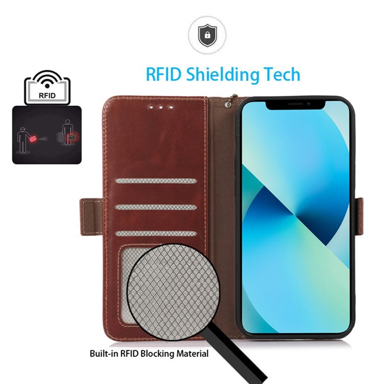 For OnePlus 10T 5G / Ace Pro 5G Crazy Horse Texture RFID Blocking Phone Case Anti-fall Genuine Cowhide Leather+TPU Shell with Wallet Stand - Brown