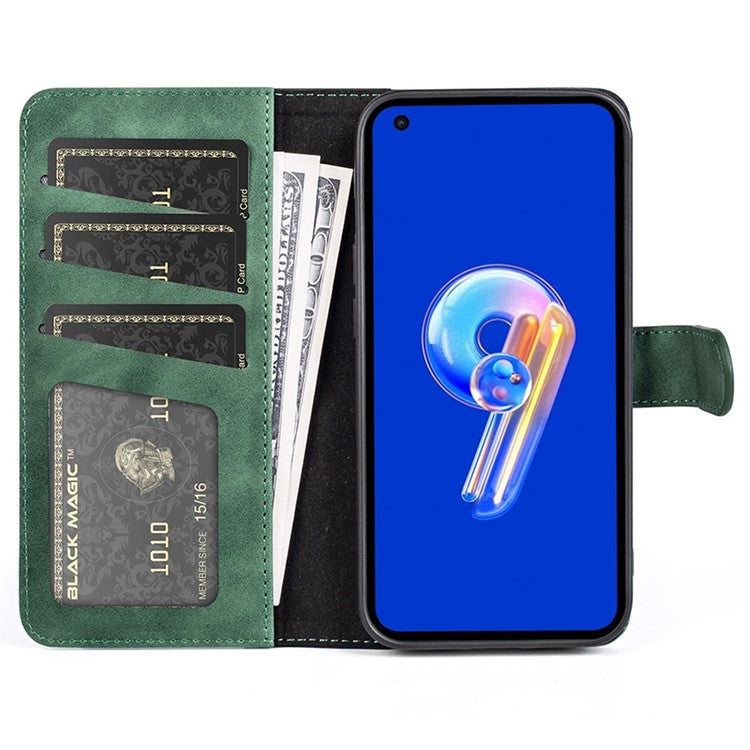 For Asus Zenfone 9 5G Color Splicing PU Leather Cover Stand Function Shockproof Wallet Phone Case - Green