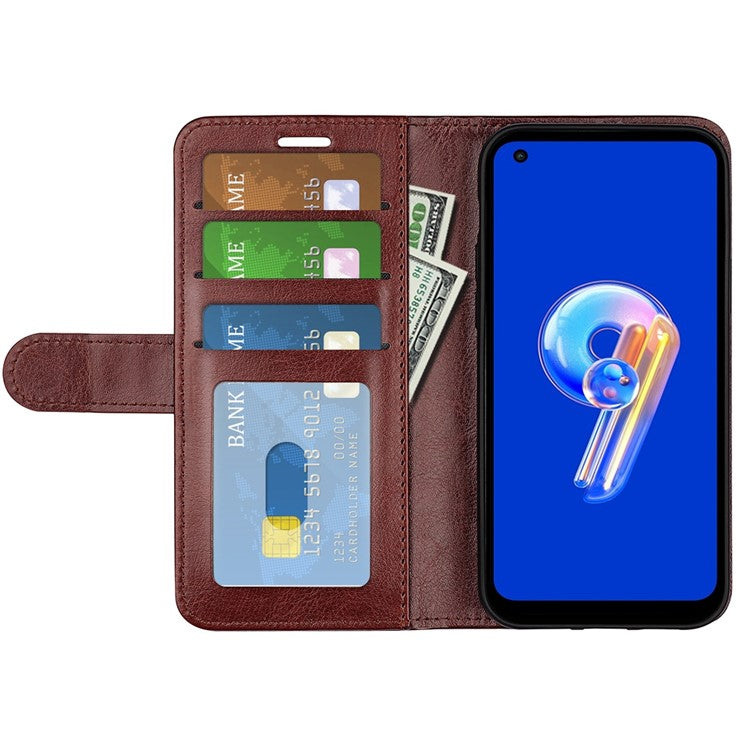 For Asus Zenfone 9 5G Book Style Phone Case PU Leather Crazy Horse Texture Wallet Stand Well Protection Cover - Brown