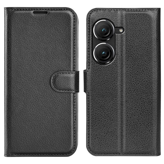 For Asus Zenfone 9 5G / 10 5G Shockproof Litchi Texture Folio Flip Phone Case Fully Wrapped PU Leather Wallet Stand Cover - Black