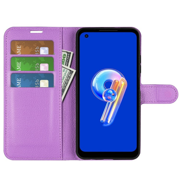 For Asus Zenfone 9 5G / 10 5G Shockproof Litchi Texture Folio Flip Phone Case Fully Wrapped PU Leather Wallet Stand Cover - Purple