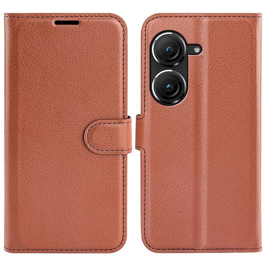 For Asus Zenfone 9 5G / 10 5G Shockproof Litchi Texture Folio Flip Phone Case Fully Wrapped PU Leather Wallet Stand Cover - Brown