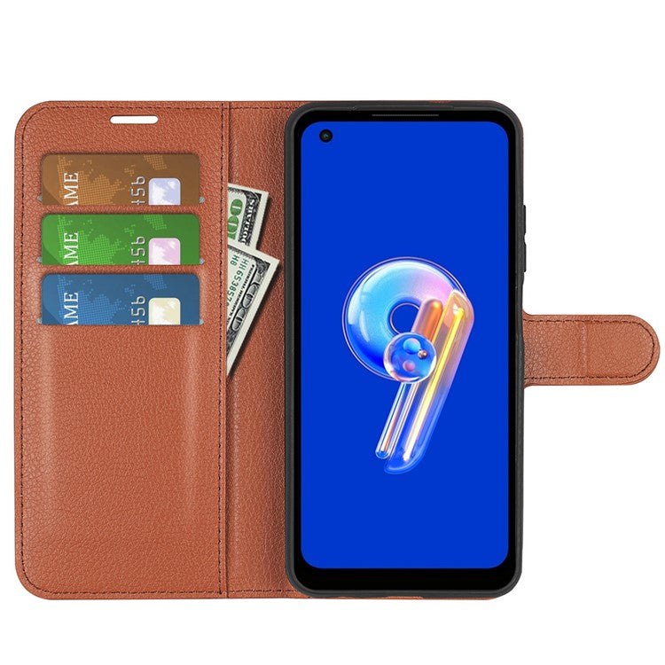 For Asus Zenfone 9 5G / 10 5G Shockproof Litchi Texture Folio Flip Phone Case Fully Wrapped PU Leather Wallet Stand Cover - Brown