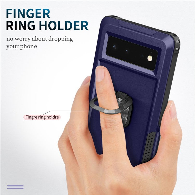 3-in-1 Drop-proof Phone Case For Google Pixel 6, Kickstand Ring Holder Precise Cutouts Phone Back Cover - Navy Blue