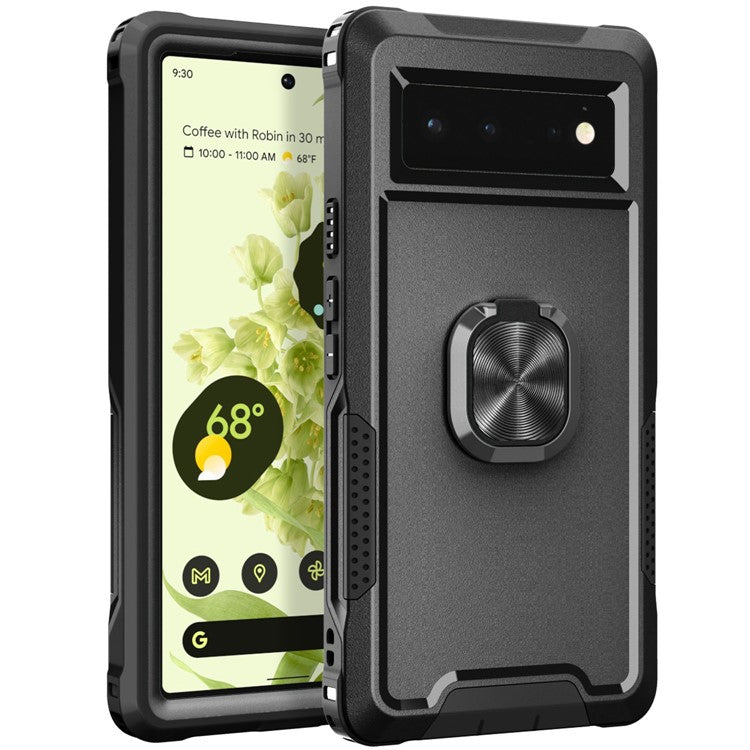 3-in-1 Drop-proof Phone Case For Google Pixel 6, Kickstand Ring Holder Precise Cutouts Phone Back Cover - Black