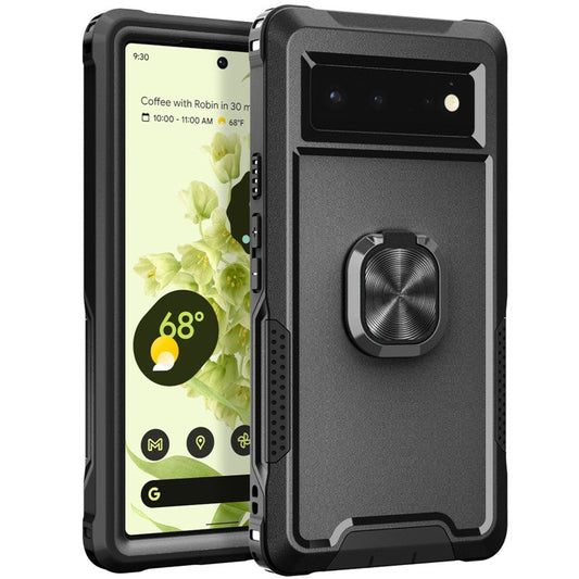 3-in-1 Drop-proof Phone Case For Google Pixel 6, Kickstand Ring Holder Precise Cutouts Phone Back Cover - Black