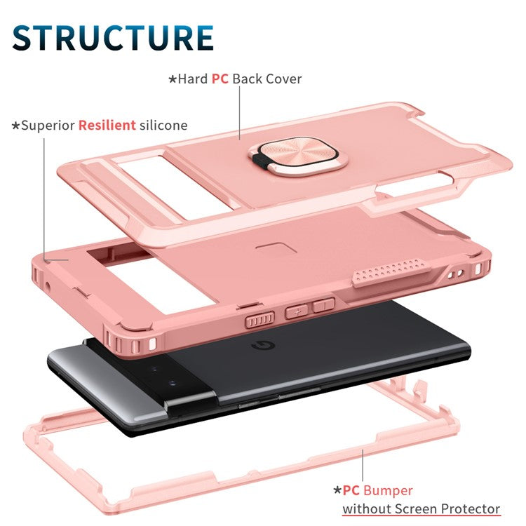 3-in-1 Phone Case For Google Pixel 6 Pro 5G, Wear-resistant Kickstand Ring Holder Phone Protective Back Cover - Pink