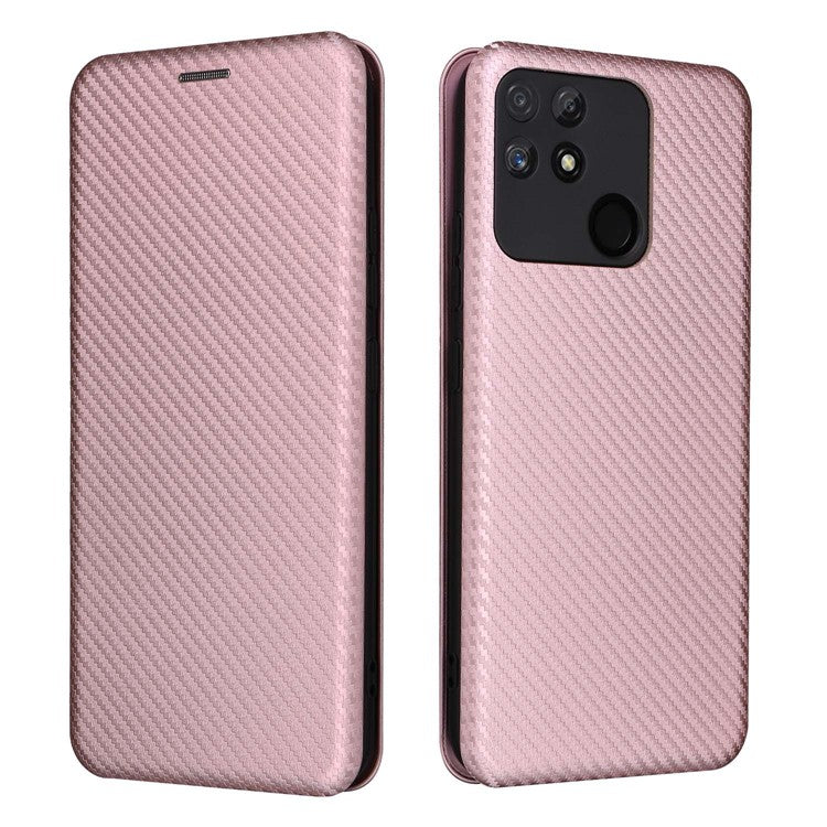 Carbon Fiber Texture Phone Case for Realme Narzo 50A PU Leather Anti-Drop Case Magnetic Closure Stand Cover with Card Holder - Rose Gold