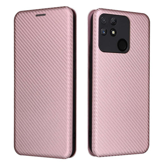 Carbon Fiber Texture Phone Case for Realme Narzo 50A PU Leather Anti-Drop Case Magnetic Closure Stand Cover with Card Holder - Rose Gold