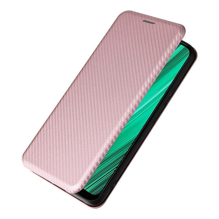 Carbon Fiber Texture Phone Case for Realme Narzo 50A PU Leather Anti-Drop Case Magnetic Closure Stand Cover with Card Holder - Rose Gold