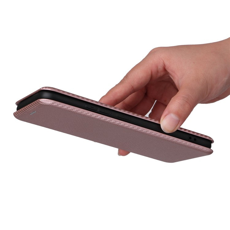 Carbon Fiber Texture Phone Case for Realme Narzo 50A PU Leather Anti-Drop Case Magnetic Closure Stand Cover with Card Holder - Rose Gold