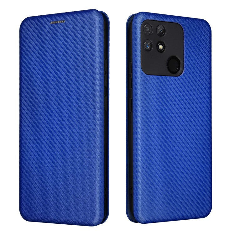 Carbon Fiber Texture Phone Case for Realme Narzo 50A PU Leather Anti-Drop Case Magnetic Closure Stand Cover with Card Holder - Blue