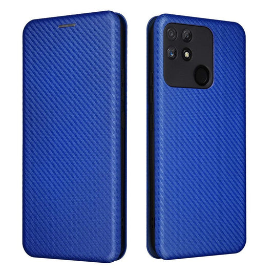 Carbon Fiber Texture Phone Case for Realme Narzo 50A PU Leather Anti-Drop Case Magnetic Closure Stand Cover with Card Holder - Blue