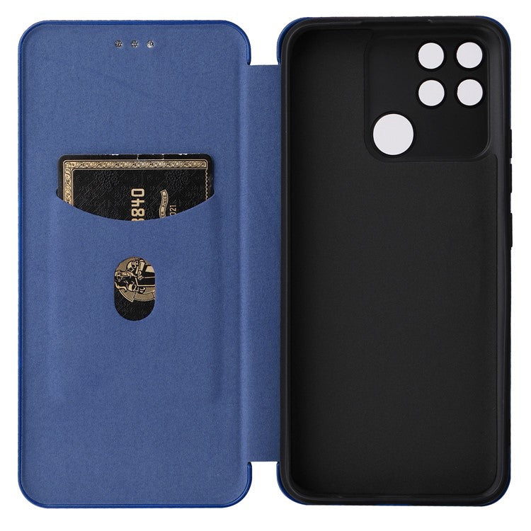 Carbon Fiber Texture Phone Case for Realme Narzo 50A PU Leather Anti-Drop Case Magnetic Closure Stand Cover with Card Holder - Blue