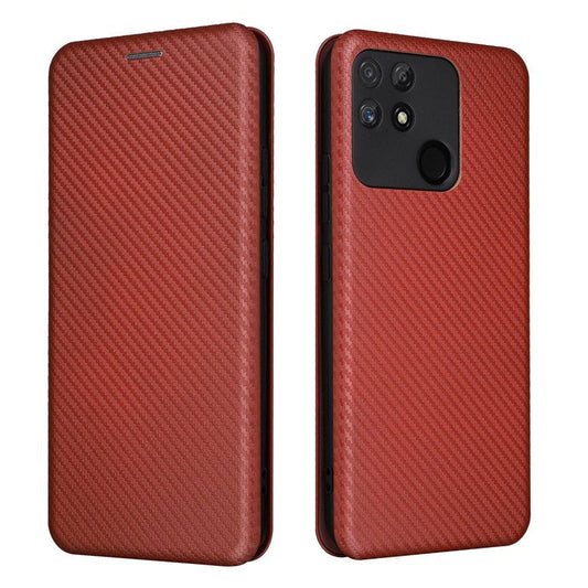 Carbon Fiber Texture Phone Case for Realme Narzo 50A PU Leather Anti-Drop Case Magnetic Closure Stand Cover with Card Holder - Brown