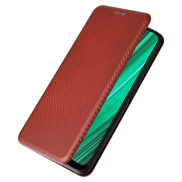 Carbon Fiber Texture Phone Case for Realme Narzo 50A PU Leather Anti-Drop Case Magnetic Closure Stand Cover with Card Holder - Brown