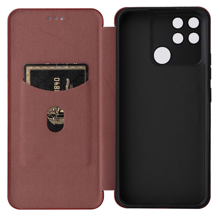 Carbon Fiber Texture Phone Case for Realme Narzo 50A PU Leather Anti-Drop Case Magnetic Closure Stand Cover with Card Holder - Brown