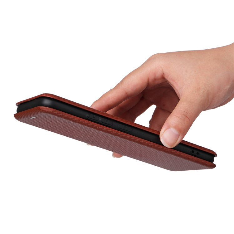 Carbon Fiber Texture Phone Case for Realme Narzo 50A PU Leather Anti-Drop Case Magnetic Closure Stand Cover with Card Holder - Brown